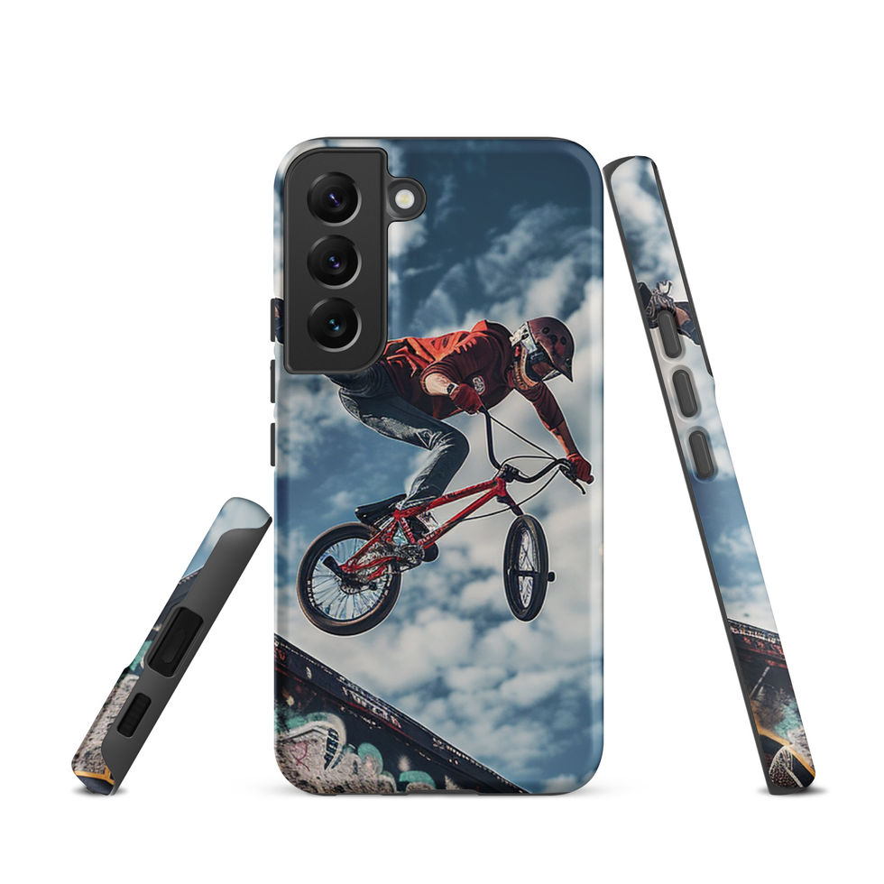 Skyline Stunt Tough case for Galaxy S22, BMX rider above graffiti ramp, rear and side views on white