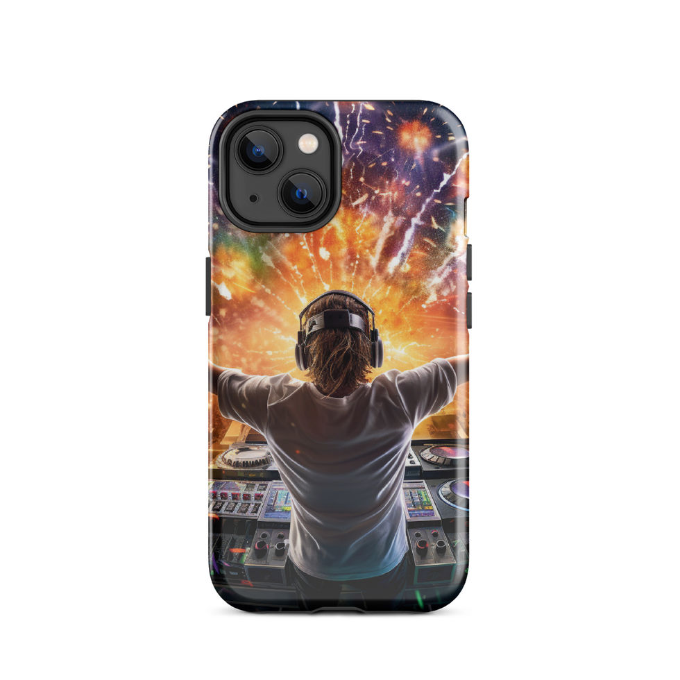 Neon DJ tough iPhone case showing a DJ at the mixing desk under bright orange and purple lights for iPhone 14 Plus