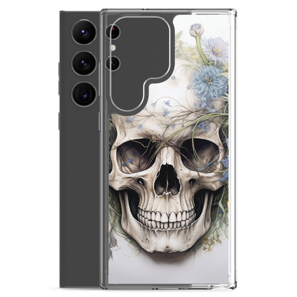 Product image of Botanical Requiem Samsung clear case showing pale skull and faint floral textures