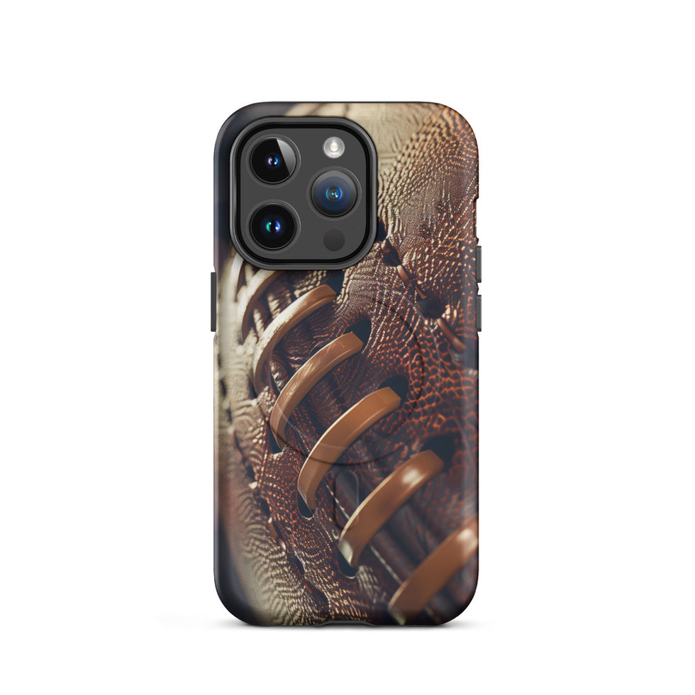 Stadium Lights MagSafe Tough case for iPhone 14 Pro, football artwork and golden laces, rear view on white