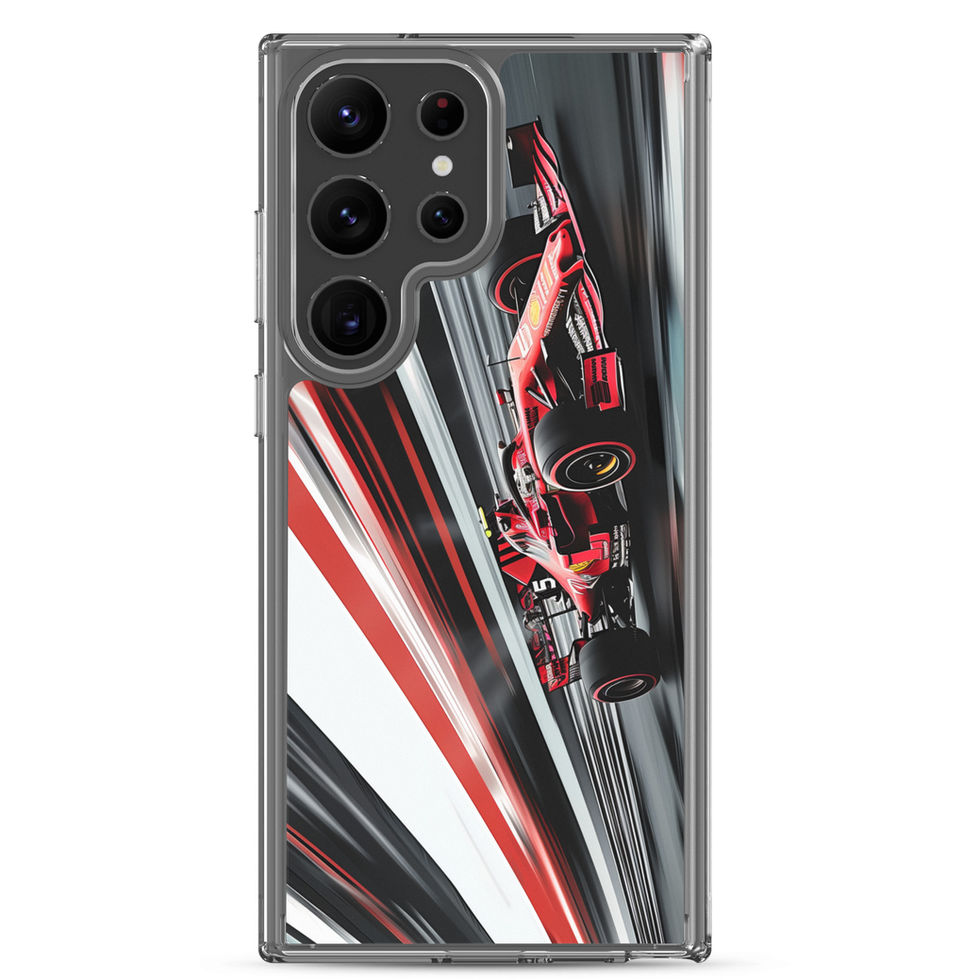 Velocity Strike Clear case for Galaxy S23 Ultra, red race car and track lines, rear view on white background