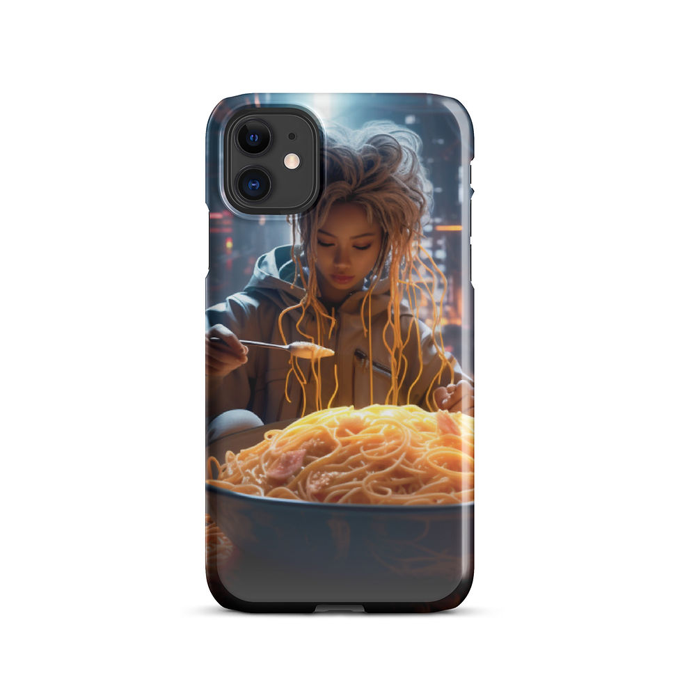 Cyber Noodle Feast iPhone snap case, back artwork with golden noodles and cool blue light.