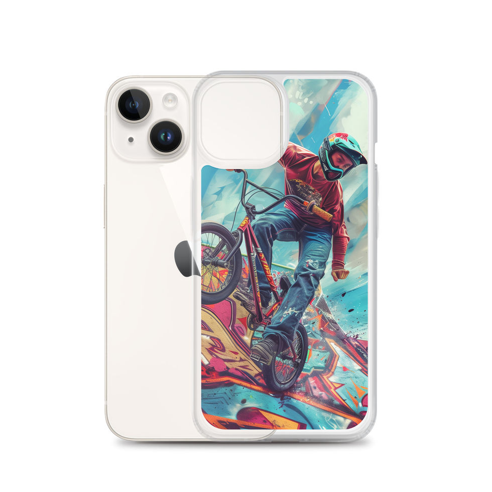 Ramp Rebel Clear case for iPhone 14, red-jacketed BMX rider and graffiti, rear view on white