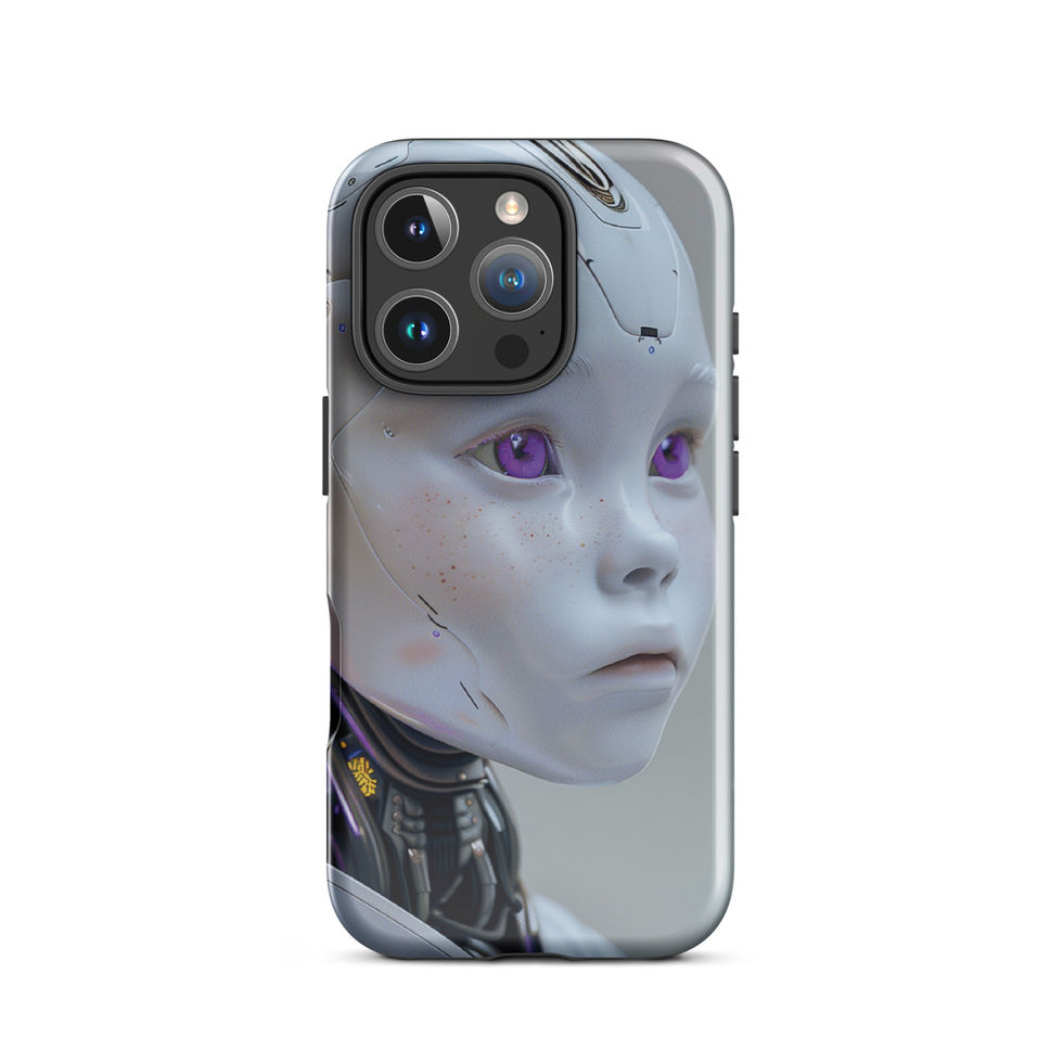 Pearl-white android with violet eyes on iPhone 16 Pro Max cover