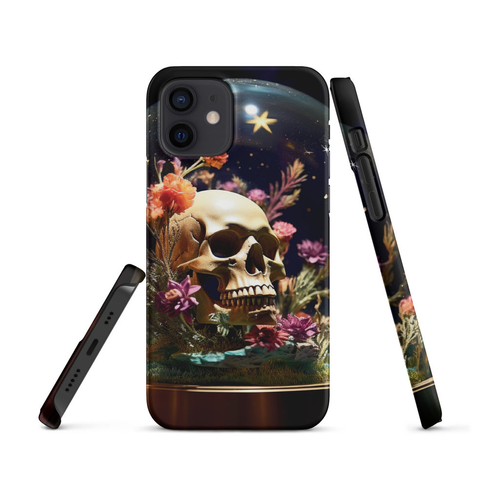 Celestial Remains Snap iPhone case showing skull and floral artwork with blue-green details below