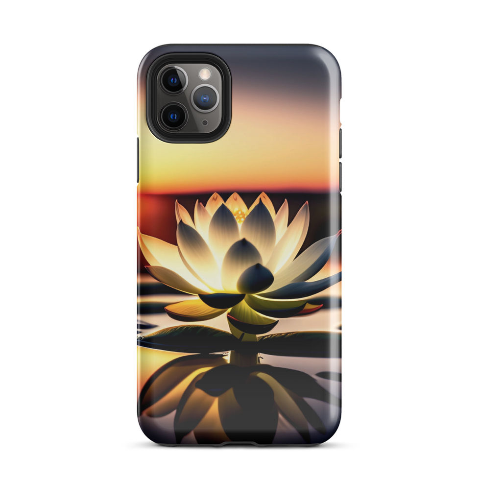 Sunlit Lotus iPhone tough case, rear view; cream-gold petals against an orange horizon.