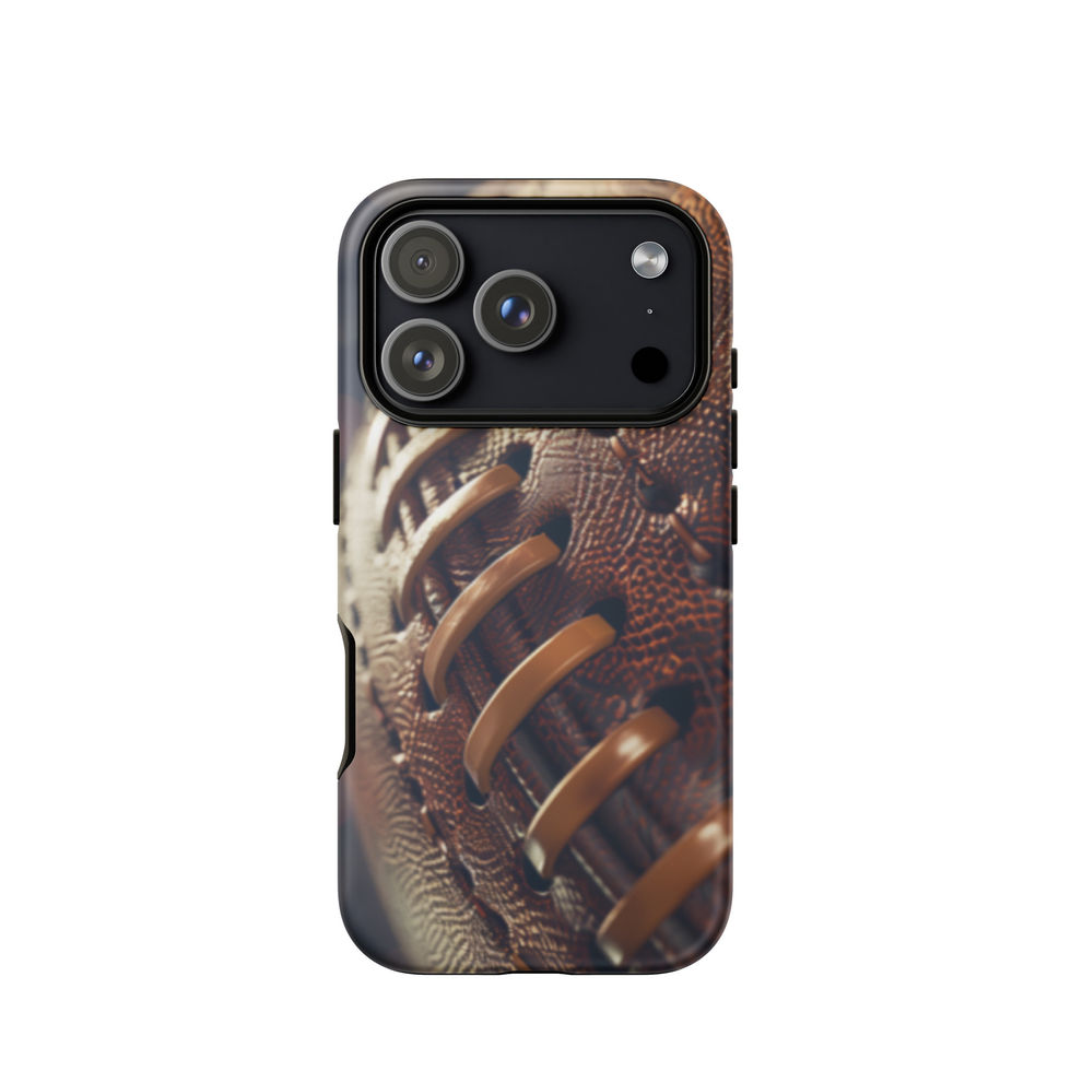 Stadium Lights Tough case for iPhone 17 Pro, worn brown football artwork and golden laces, rear view on white