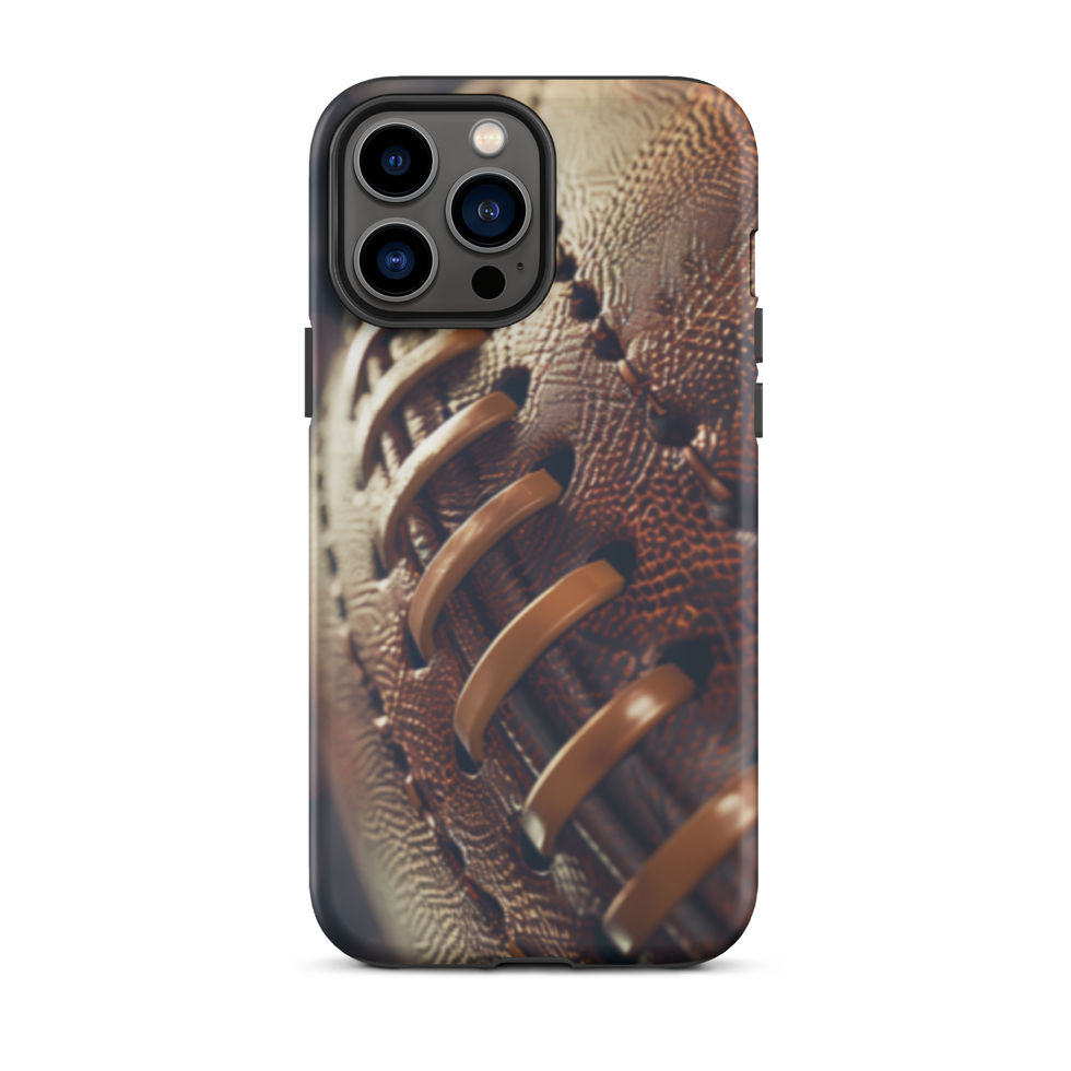 Stadium Lights Tough case for iPhone 13 Pro Max, worn brown football artwork and golden laces, rear view on white