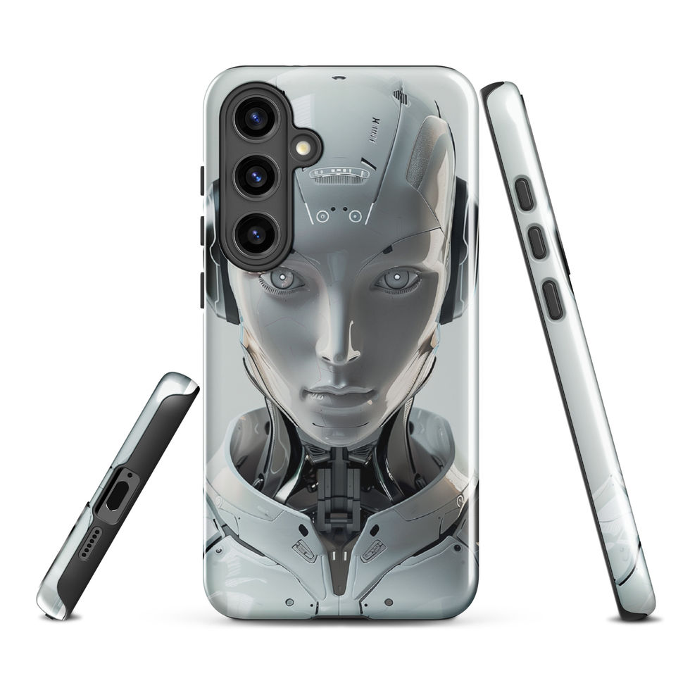 White-armoured cybernetic portrait with smooth panels; close-up detail on a Samsung® Tough Case.