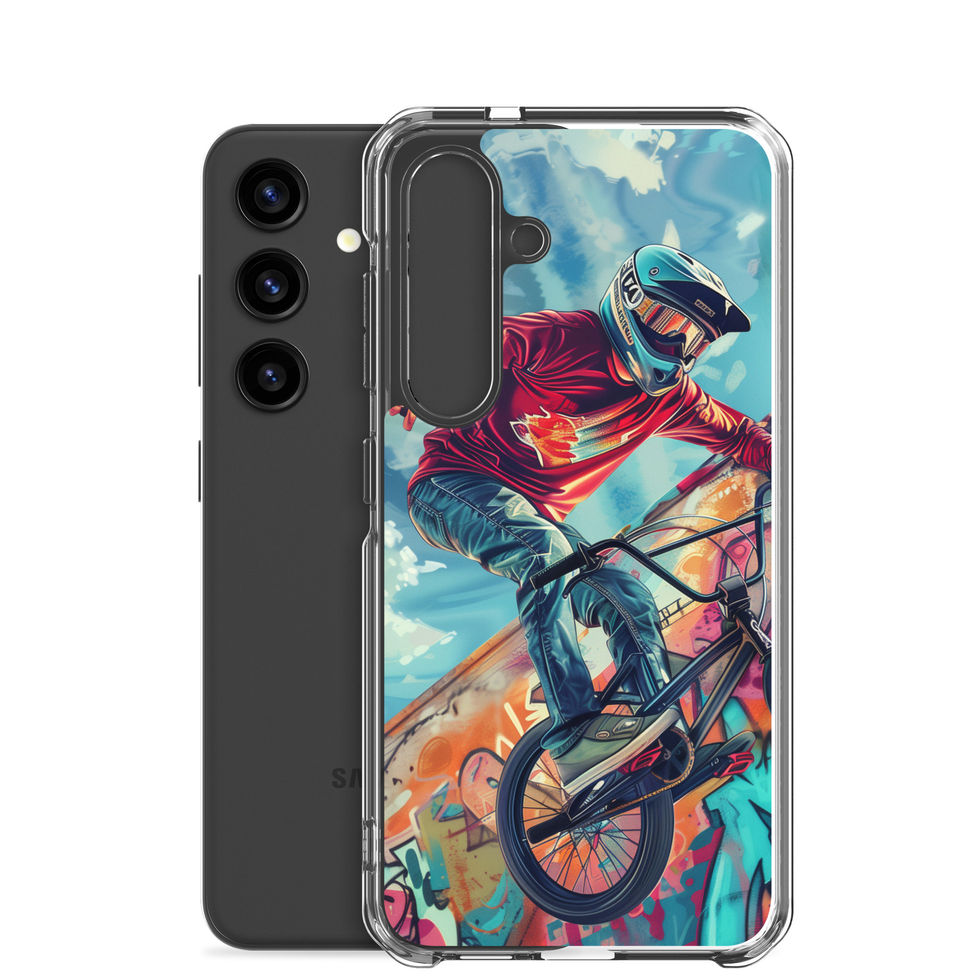 Graffiti Ride Clear case for Galaxy S24, red-top BMX rider and vivid graffiti, rear view on white