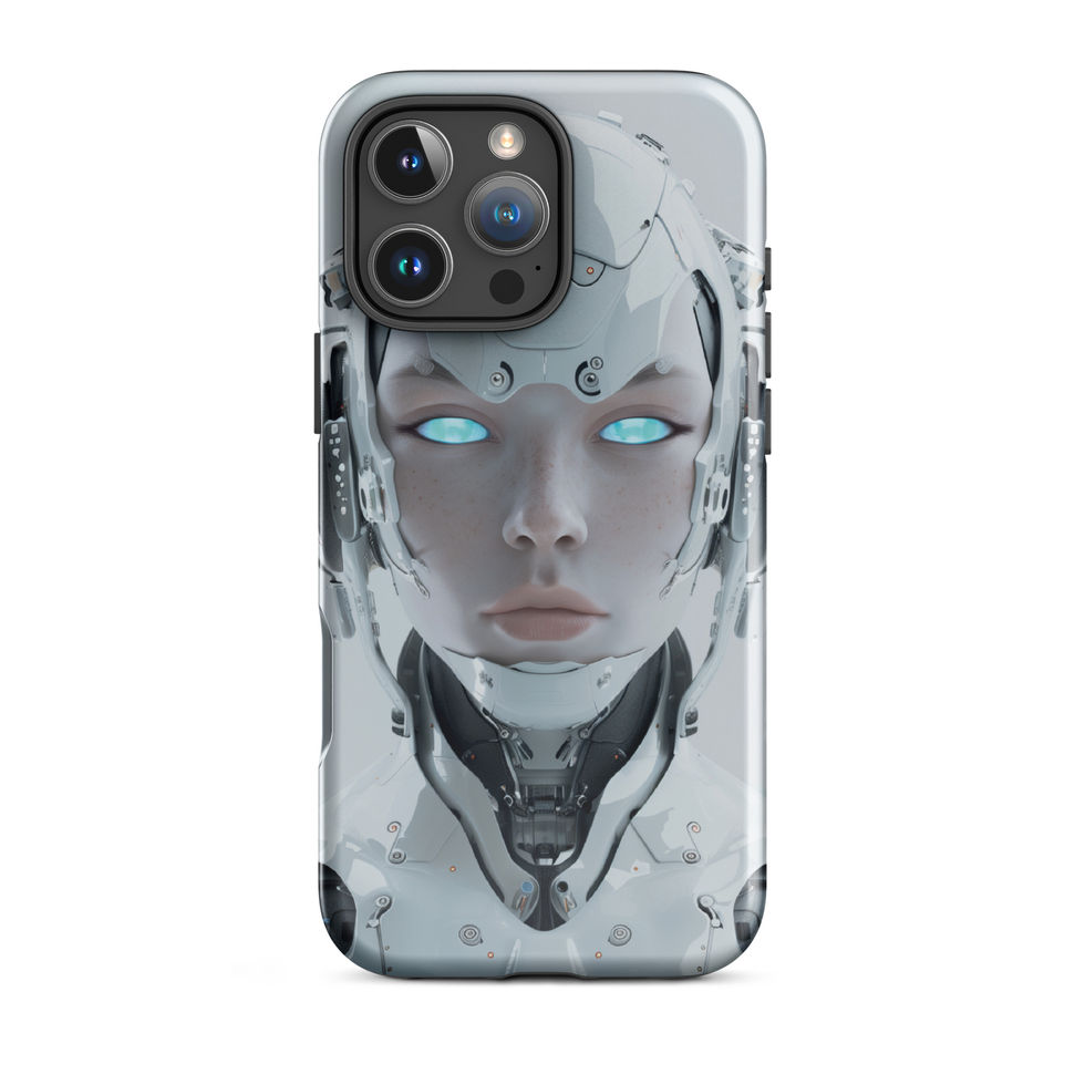 Eon Vanguard AI face on an icy neutral background; angled case mockup on an iPhone® Tough Case.