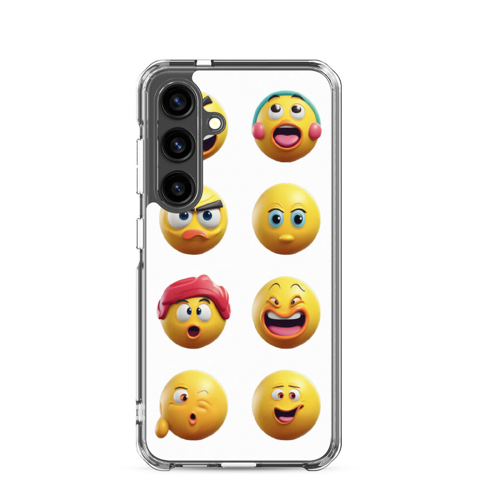 Emoji Frenzy clear Samsung case with rows of bright yellow emoji faces on a transparent back.