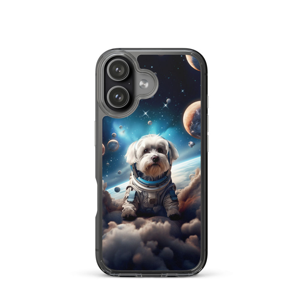 Cosmic dog-mockup-50 showing Celestial Voyager artwork on an iPhone clear phone case