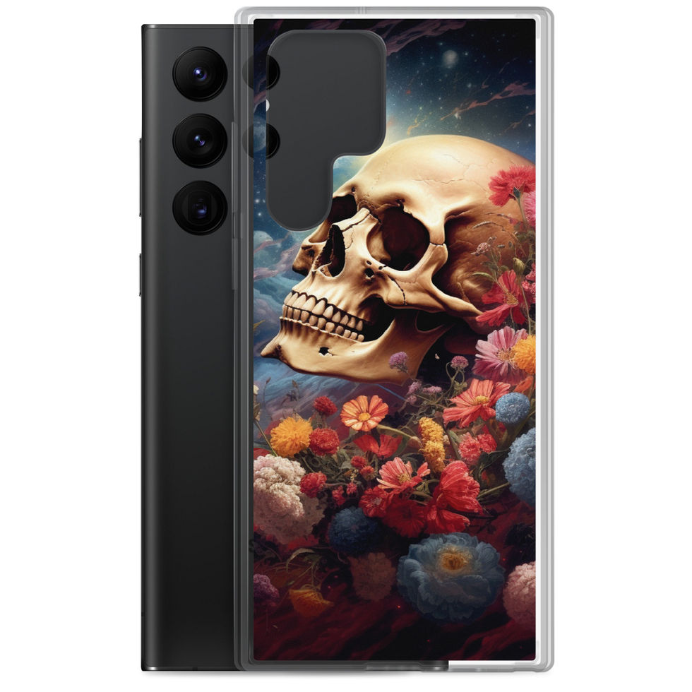 Galactic Remains clear Samsung case showing dark foliage among red flowers