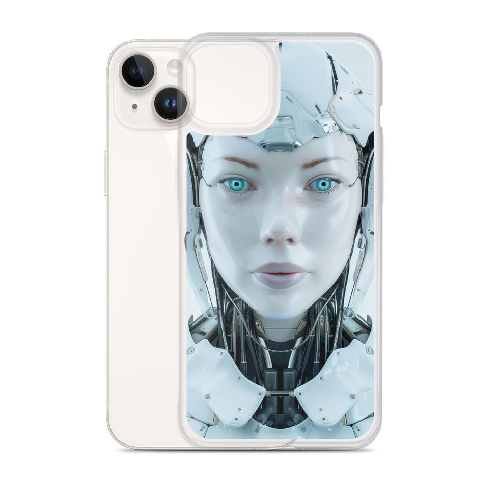 Calm futuristic android with aqua eyes on a transparent iPhone case – fitted iPhone case view