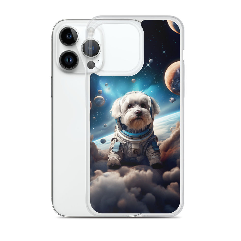 Cosmic dog-mockup-27 showing Celestial Voyager artwork on an iPhone clear phone case