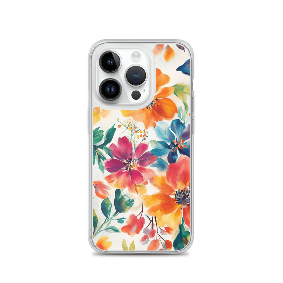 Clear iPhone case showing Painter’s Garden artwork: bright poppies on a soft cream background