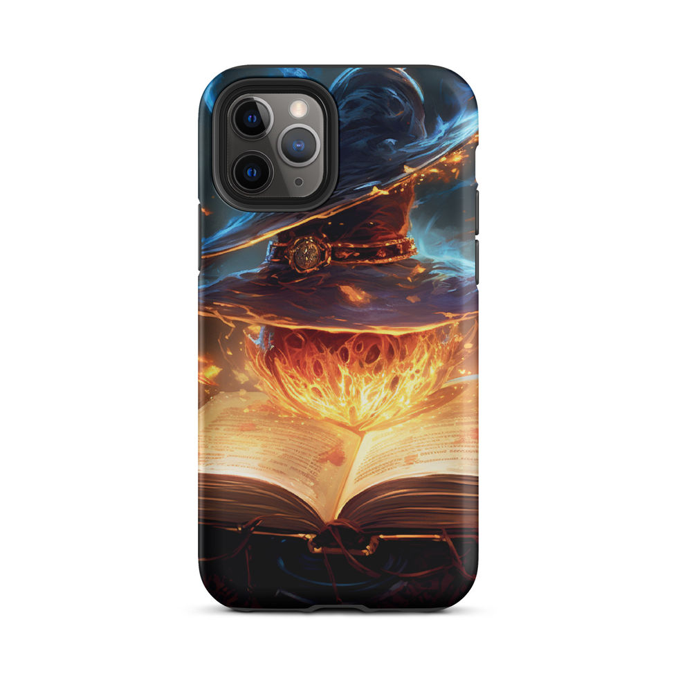 Arcane Ember iPhone tough case with blue smoke curling above fiery pages, shown from the rear on white.