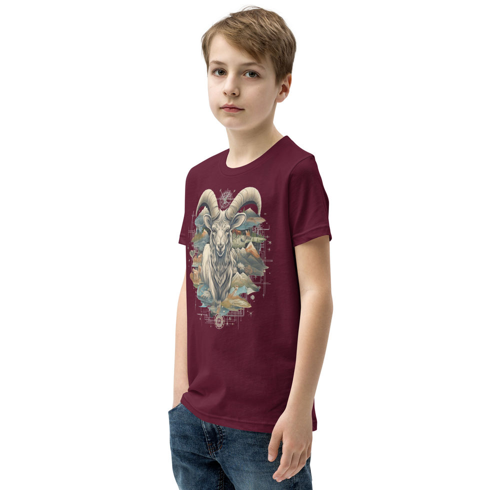 Alpine Guardian: maroon youth short-sleeve T-shirt with an ornate ram and mountains, child turned right