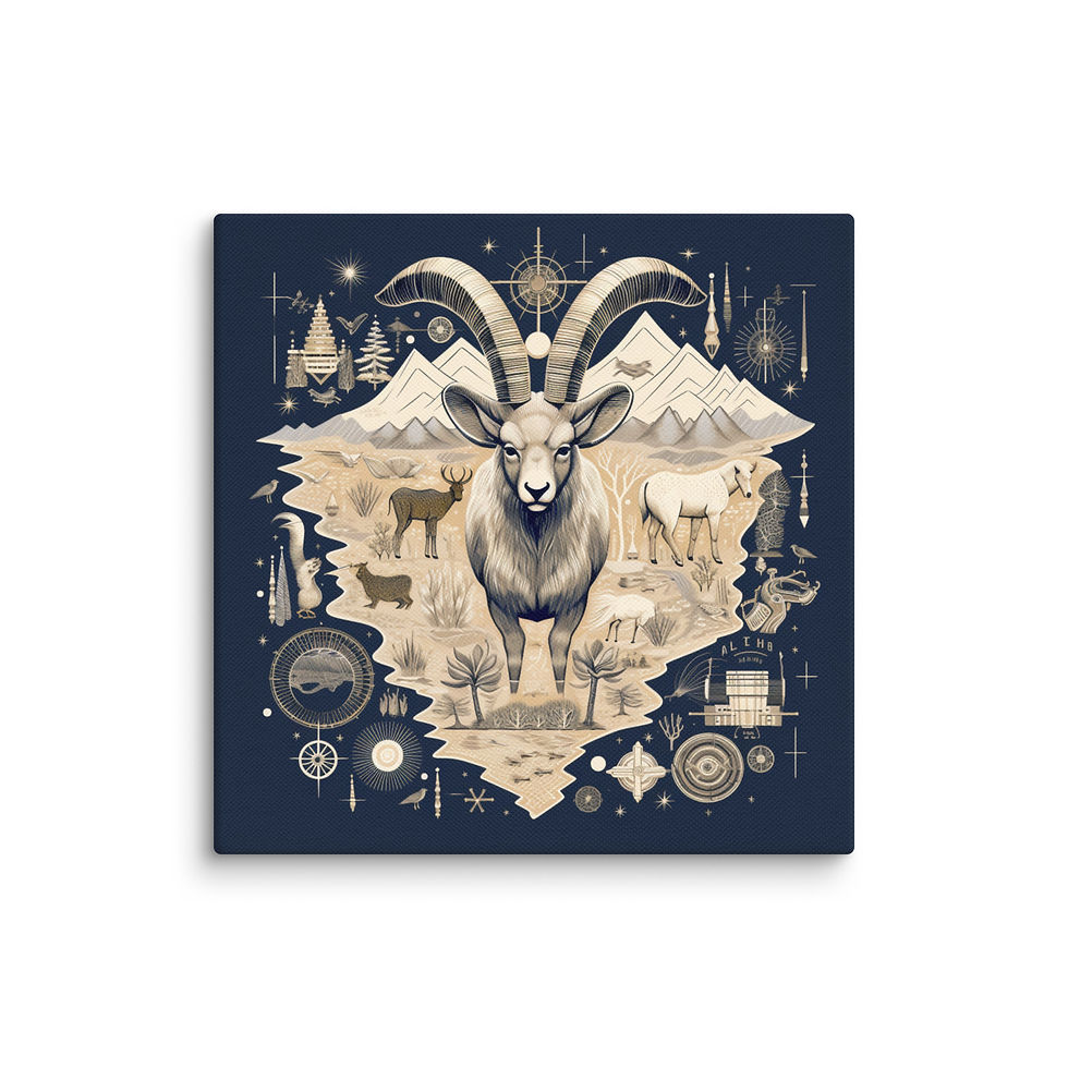 Pathfinder of Peaks canvas: a cream and navy goat illustration with circular geometric motifs