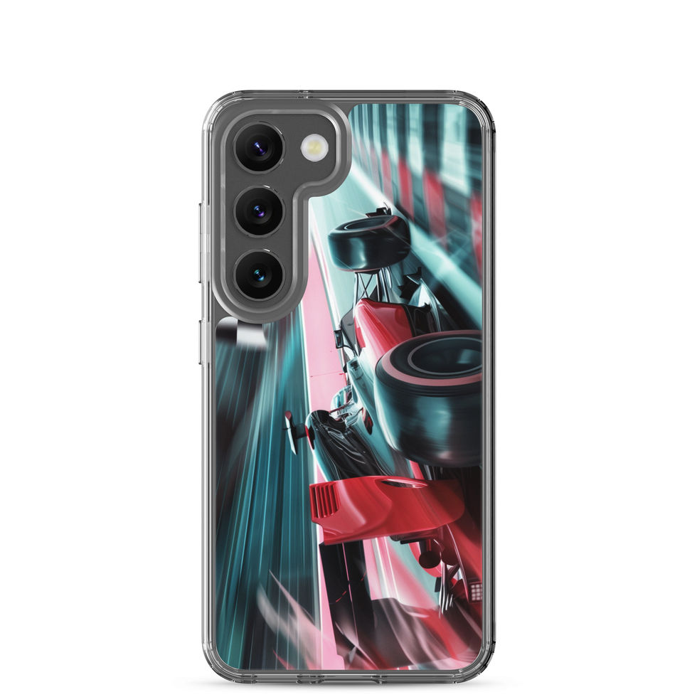 Finish Line Fury Clear case for Galaxy S23, red race car and teal streaks, rear view on white