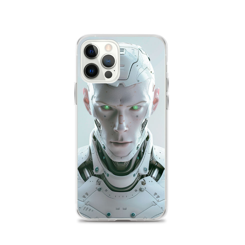 Symmetrical robot portrait with pearl-white facial armour; close-up detail on an iPhone® Clear Case.