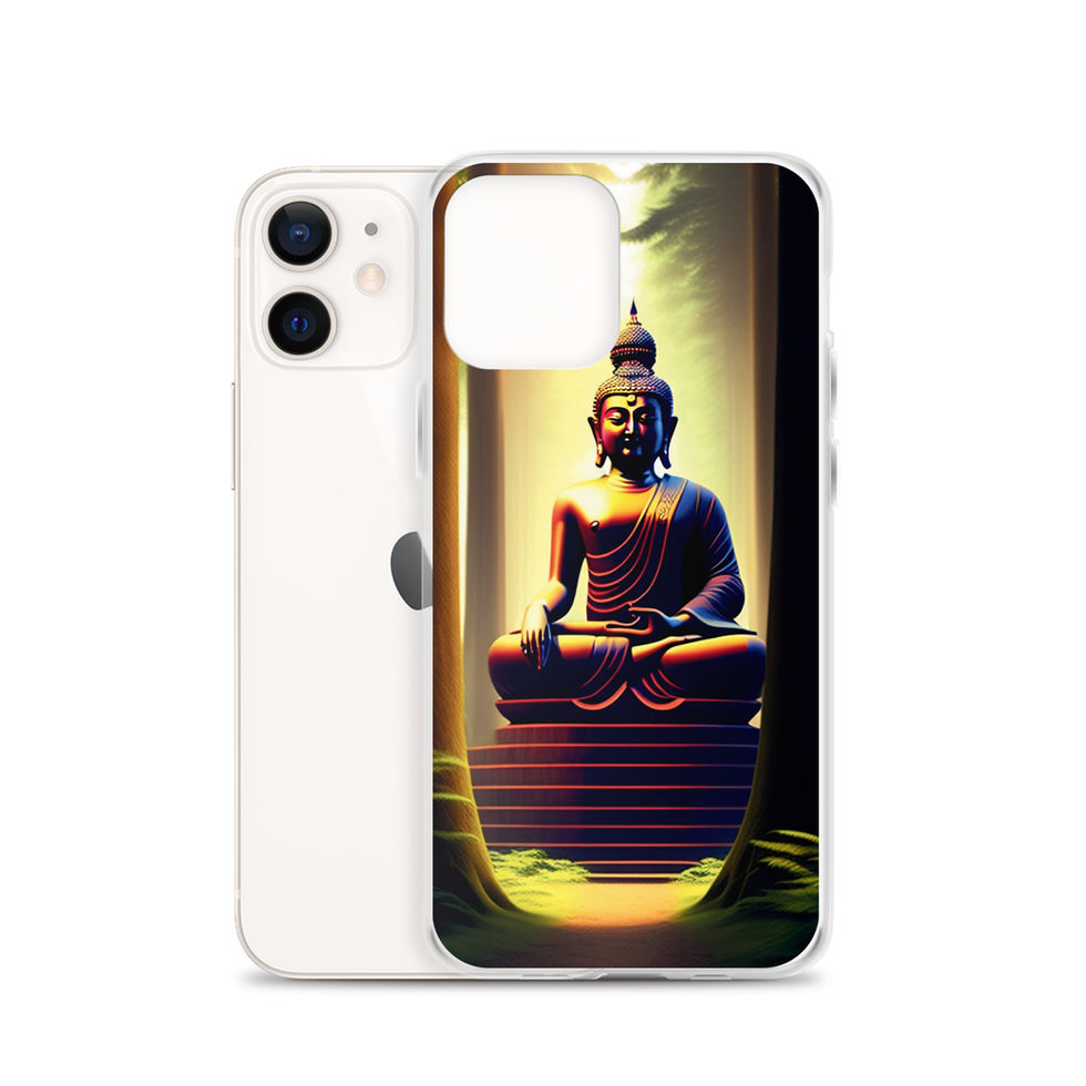 Praying Buddha iPhone clear case, showing bright background contrasting with dark steps.