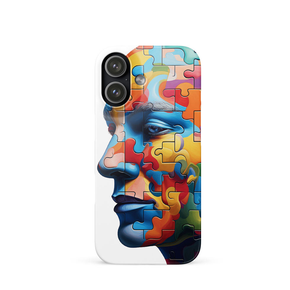 Mind in Pieces slim snap case for iPhone with fractured portrait artwork, wireless charging view