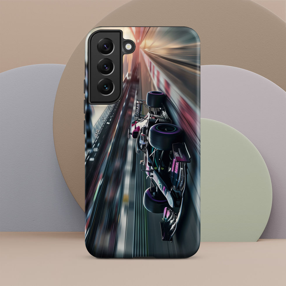 Midnight Velocity Tough case for Galaxy S22 Plus, race car and night lights, rear view on beige display