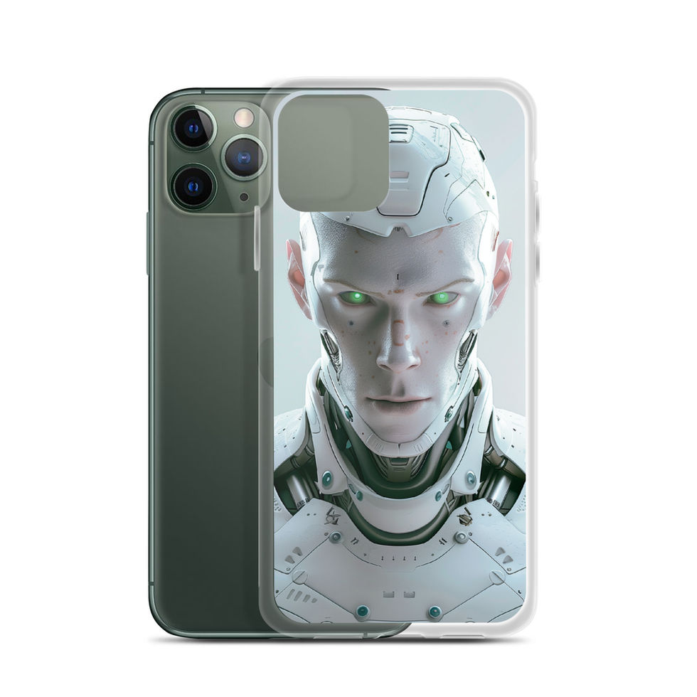 Futuristic robot face with intricate neck mechanics; front product view on an iPhone® Clear Case.