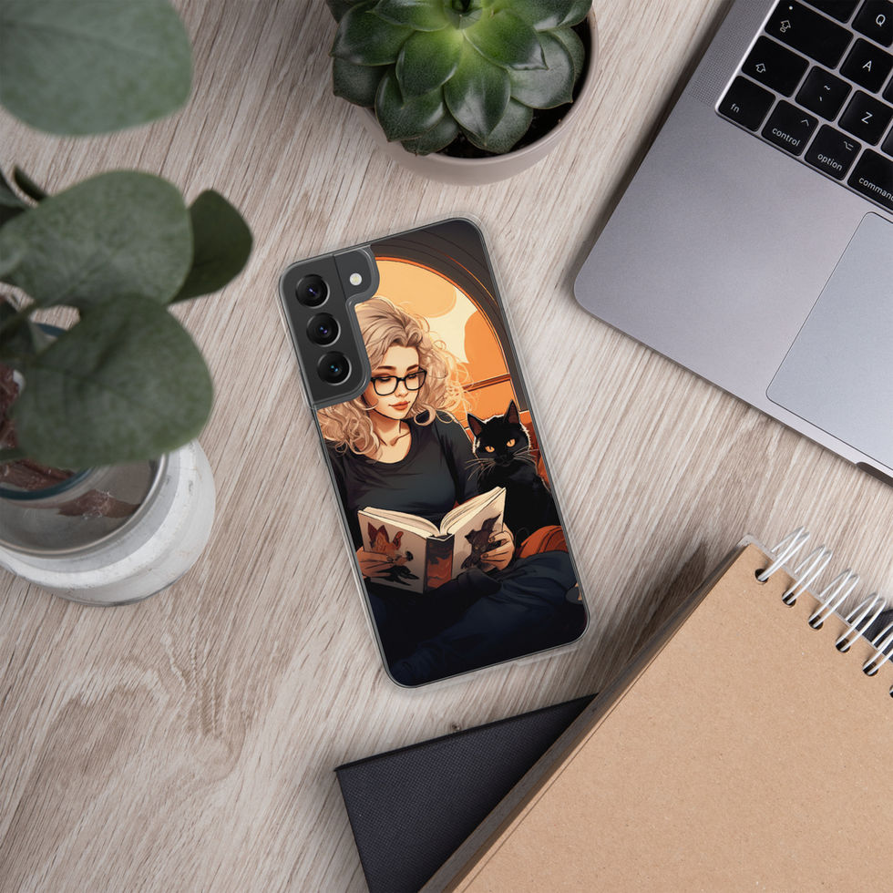 Literary Haven clear Samsung case with reader in dark clothing