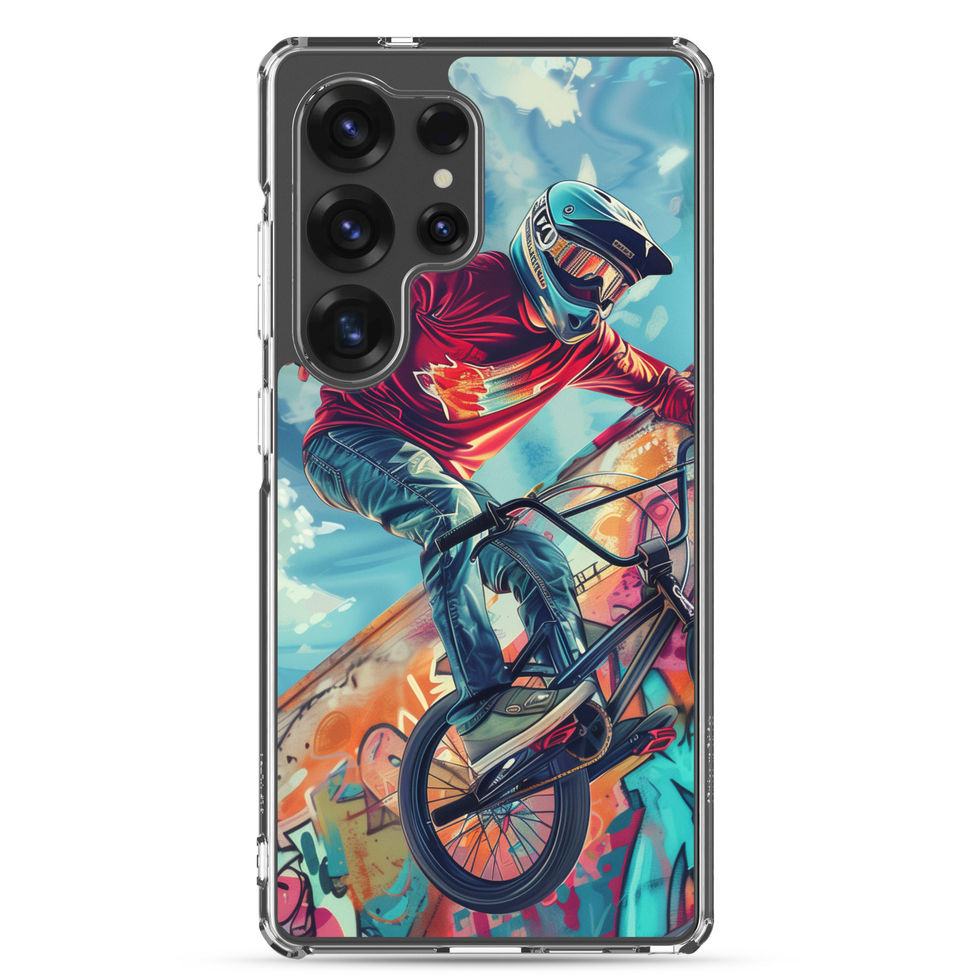 Graffiti Ride Clear case for Galaxy S25 Ultra, red-top BMX rider and vivid graffiti, rear view on white