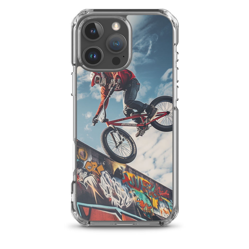 Graffiti Air Clear case for iPhone 16 Pro Max, BMX rider above graffiti ramp, with phone beside case on white