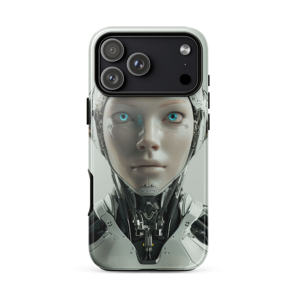 Calm humanoid android with dark neck engineering; angled case mockup on an iPhone® Tough Case.