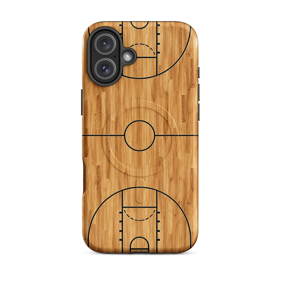 Hardcourt Legacy MagSafe Tough case for iPhone 16 Plus, golden wood basketball court artwork, rear view on white
