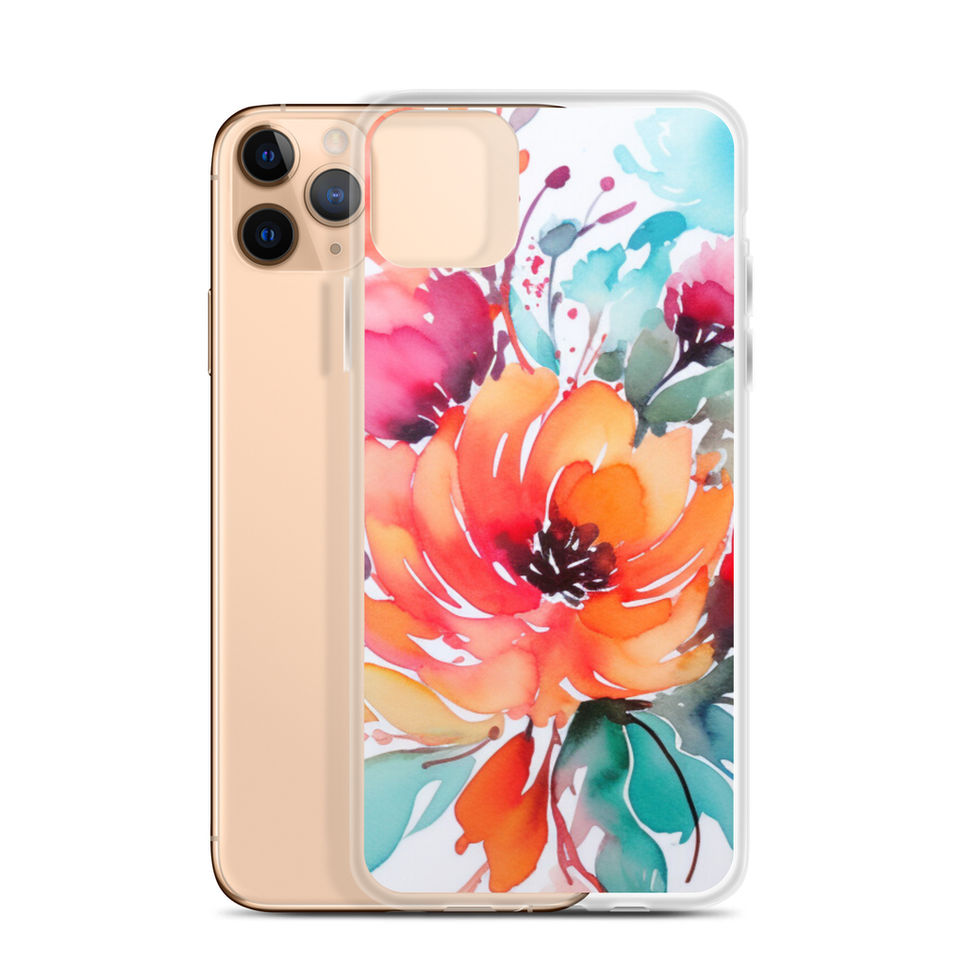 Burnt Bloom Rhapsody clear floral iPhone case for iPhone 11, straight rear view highlighting the fiery painterly blooms