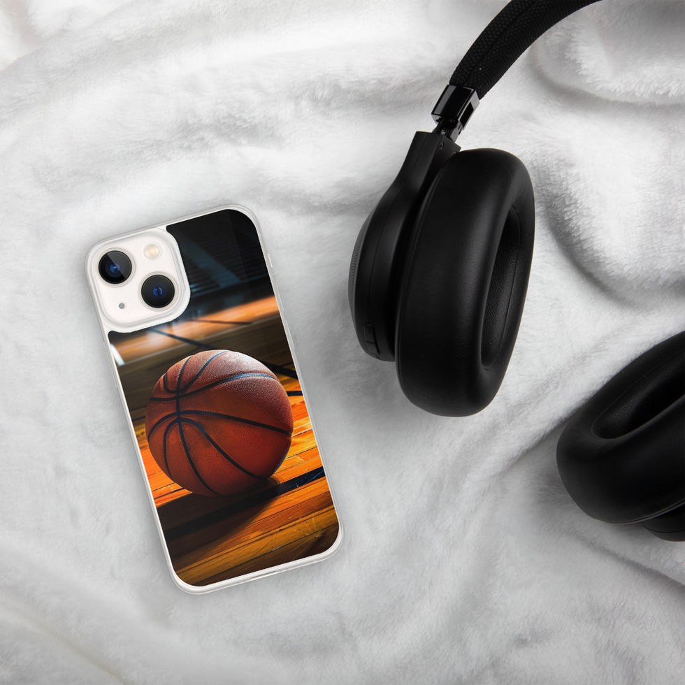 Final Buzzer Clear case for iPhone 13 mini, basketball on timber court artwork, pale fabric beside headphones