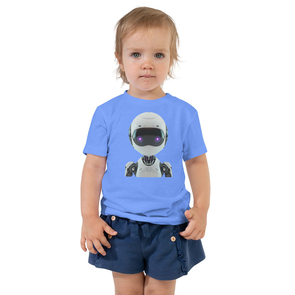 Baby Robot Guardian: blue toddler T-shirt with a small white robot with a dark visor, worn by a child