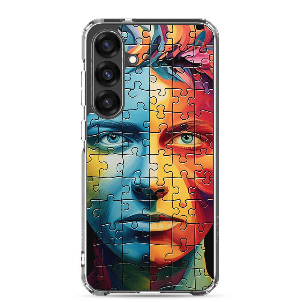 Duality Unraveled clear Samsung phone case with fire and frost portrait artwork, slim profile detail