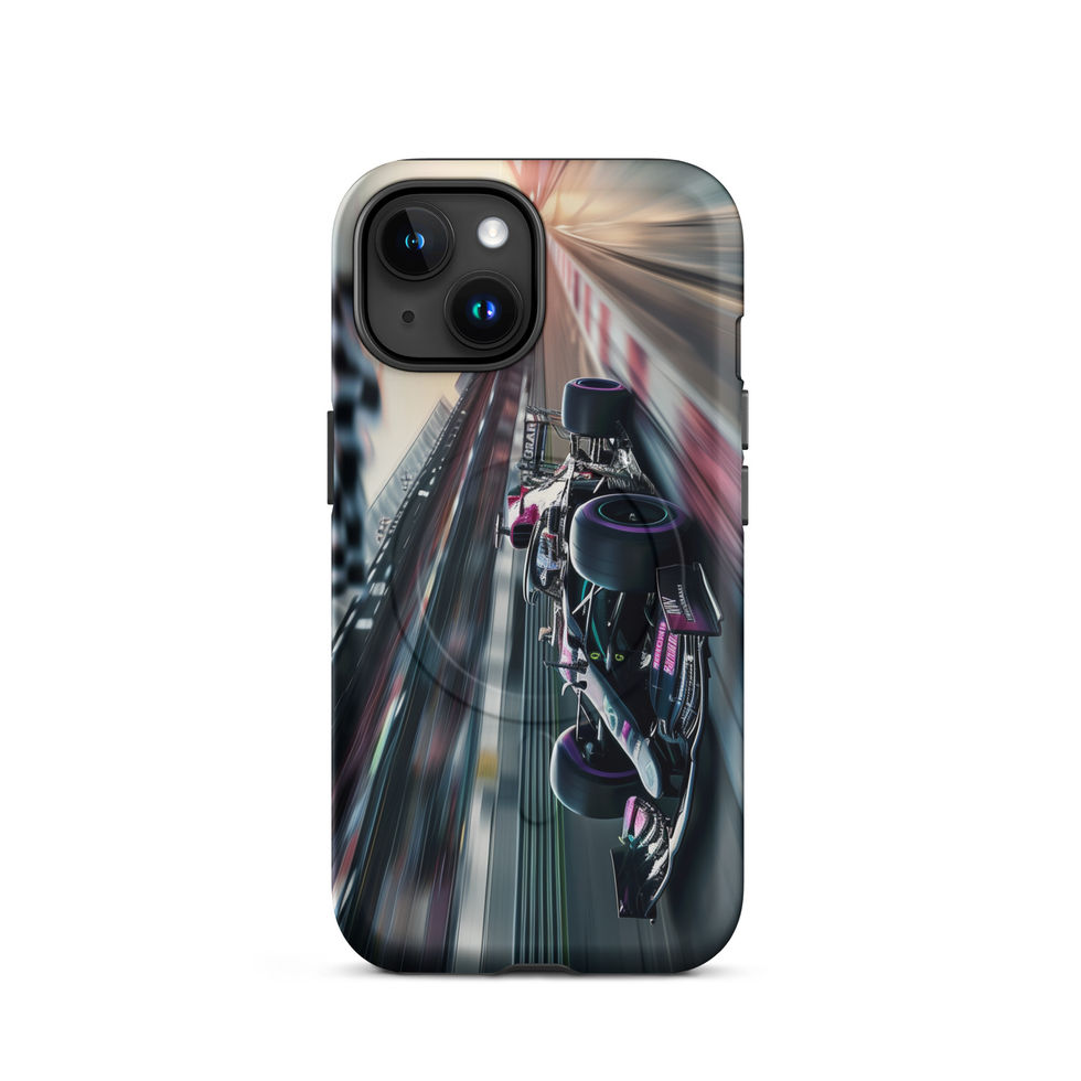 Midnight Velocity MagSafe Tough case for iPhone 15, race car and night lights, rear view on white