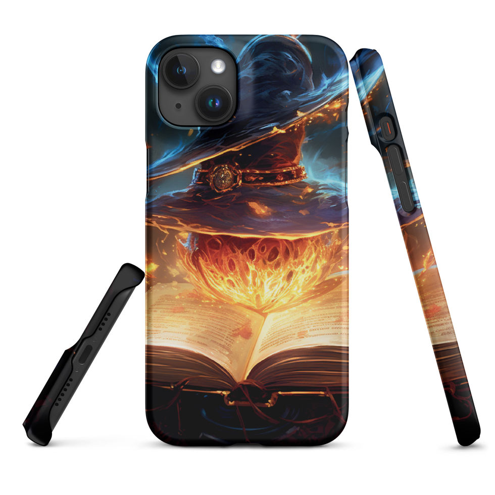 Arcane Ember snap iPhone case: fiery pages lighting the lower half of the case, shown upright with its side profile.