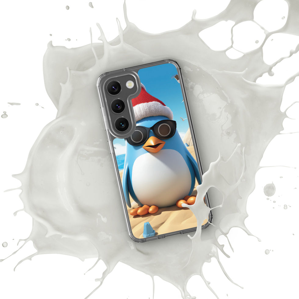 Beach penguin-mockup-40 showing Sandy Chill artwork on a Samsung clear phone case