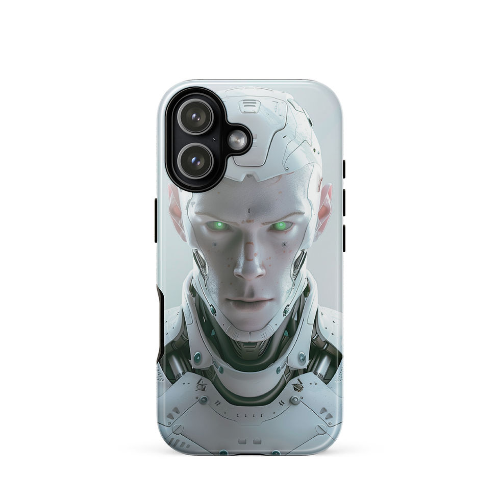 Cybernetic Vanguard white android with vivid green eyes; front product view on an iPhone® Tough Case.