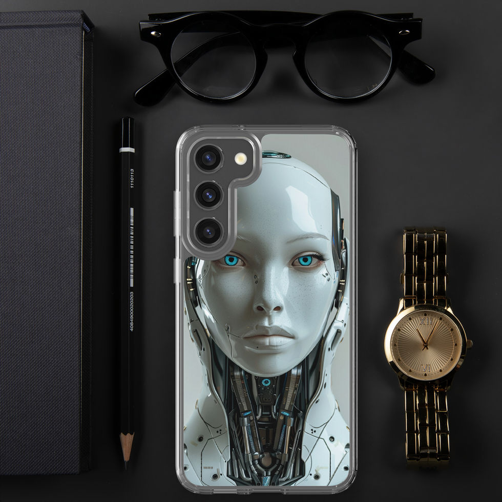 Front-facing android on a pale mint background; studio case preview on a Samsung® Clear Case.