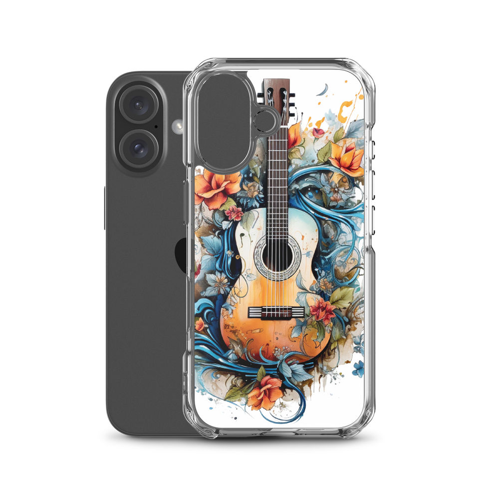Nature’s Song clear iPhone case rear artwork view in a black accessory flat lay, showing the floral music artwork, image 46.