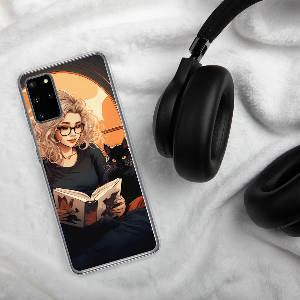 Literary Haven clear Samsung case with warm amber arch behind the figures