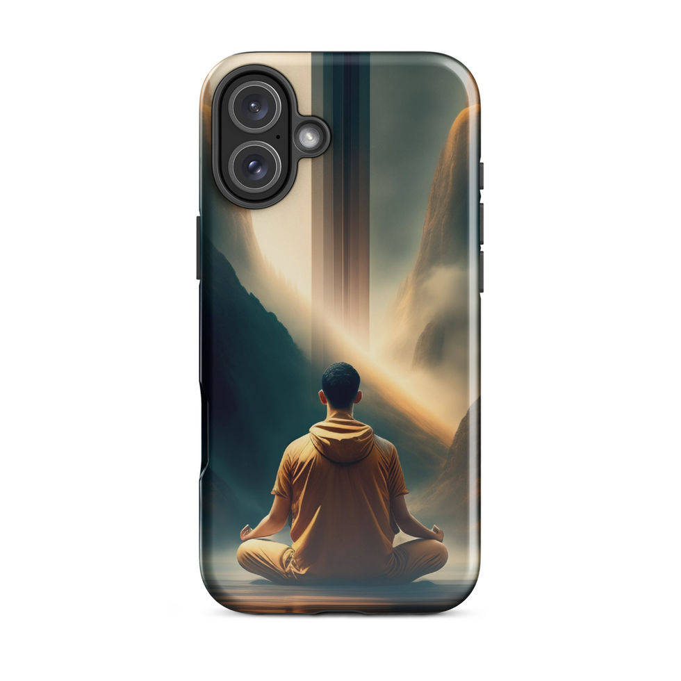 Zen Ascension iPhone tough case, rear view; robed back facing a pale golden glow.