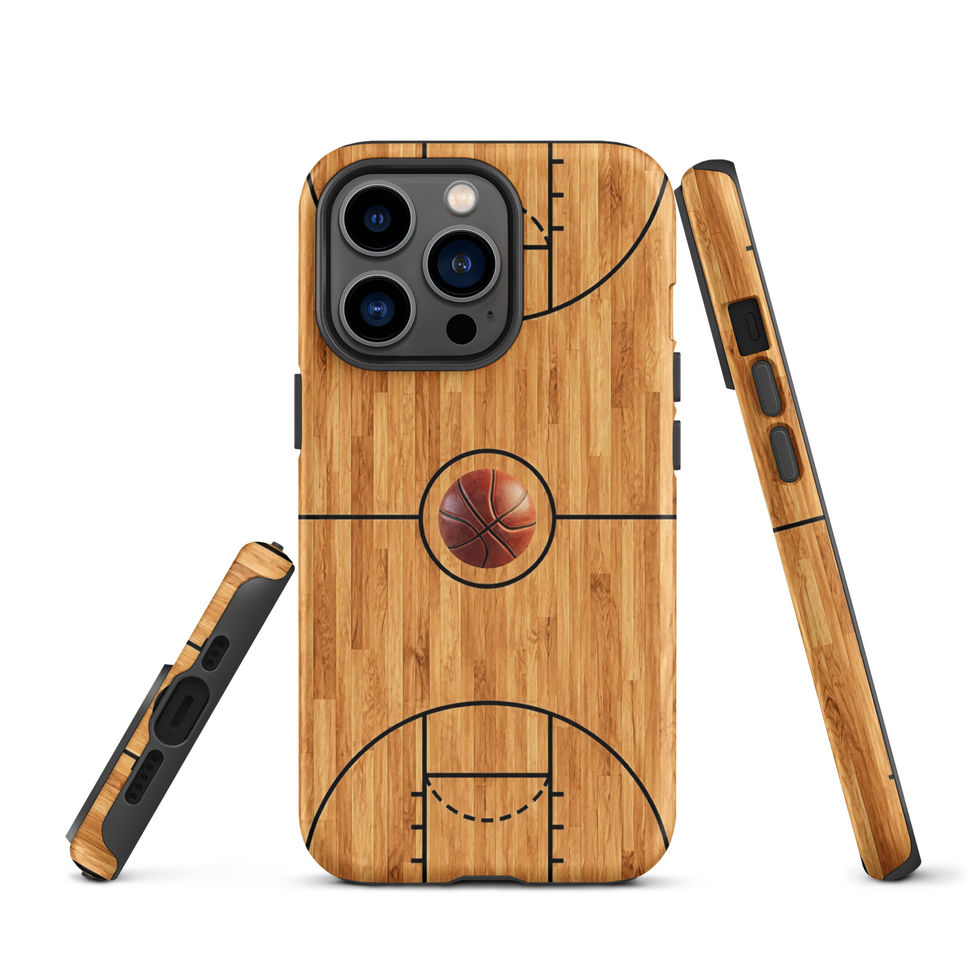 Grain & Game Tough case for iPhone 13 Pro, wood basketball court and centre ball artwork, rear and side views on white