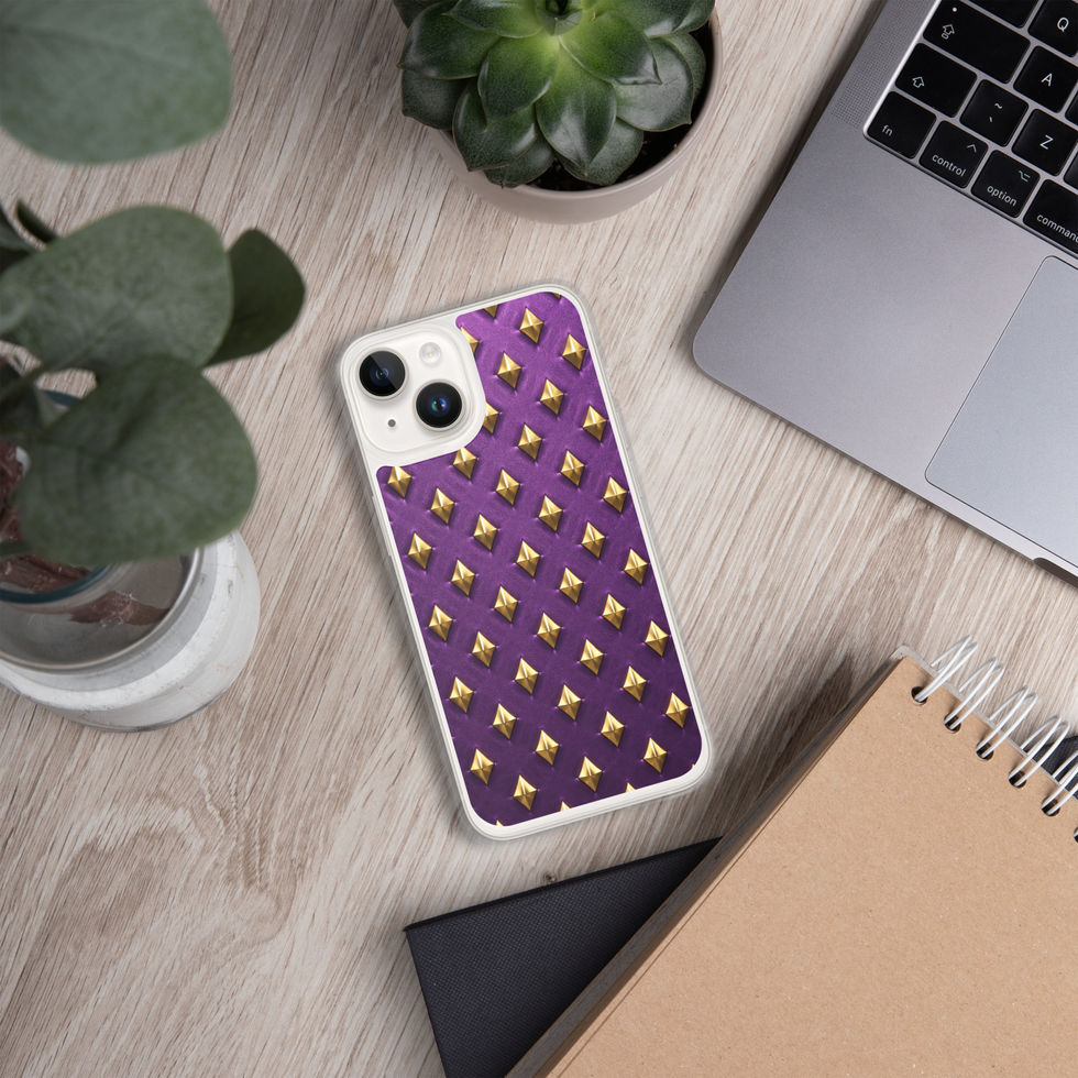 Amethyst Gold Diamonds clear case for iPhone 14, gold-look diamonds on amethyst purple, alternate view 3