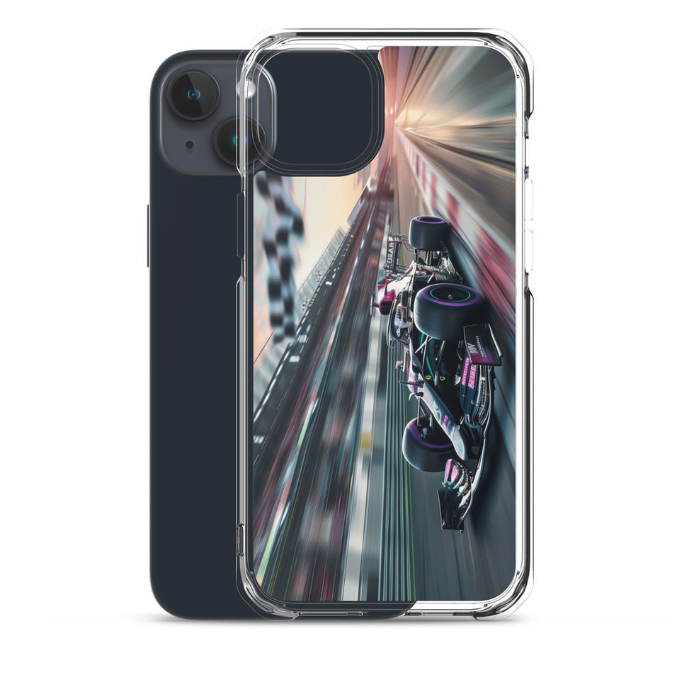 Midnight Velocity Clear case for iPhone 15 Plus, race car and night lights, rear view on white